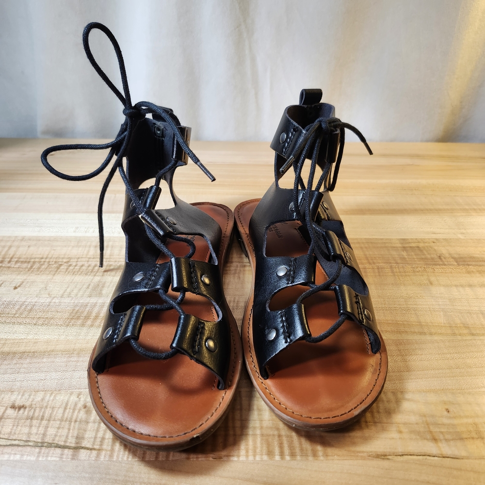 American Eagle Gladiator Sandals Black Lace Up Flat Women’s Size 9 Good